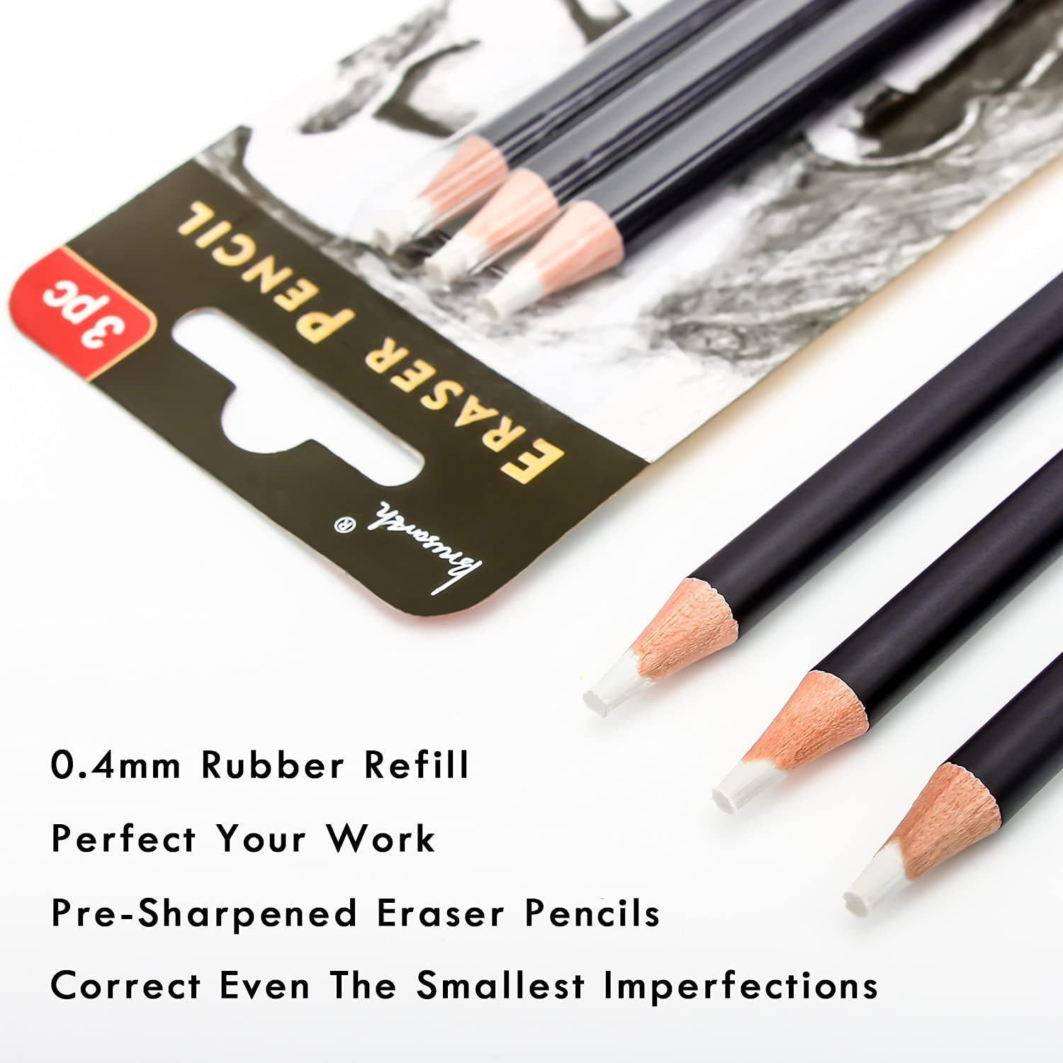 3Pc Eraser Set – Fine Detail Eraser for Sketching, Charcoal Drawings & Colored P
