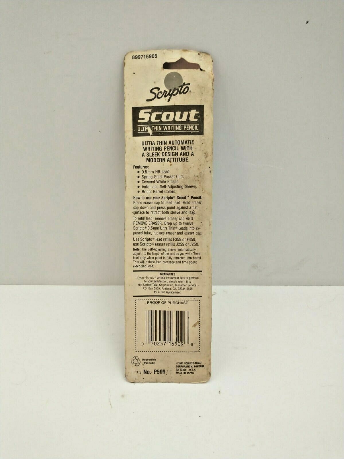 1991 Scripto White SCOUT Ultra Thin Writing Mechanical Pencil 0.5mm HB Lead