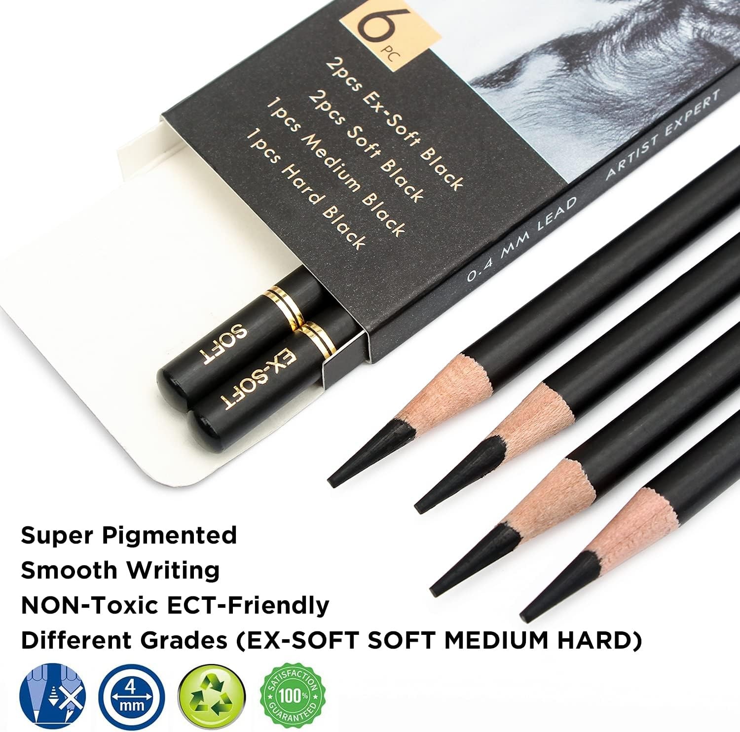 Professional Charcoal Pencils Drawing Set – 6 1 Count (Pack of 6), Black