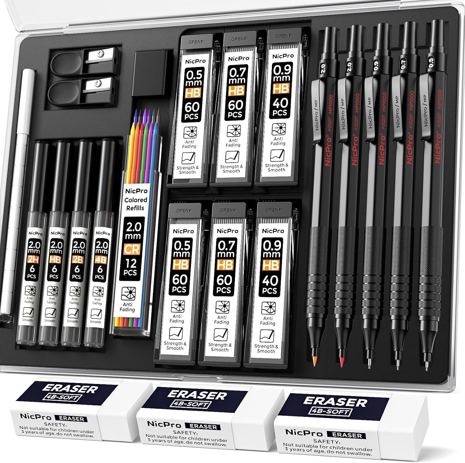 Black Metal Drafting Pencil Set – 22PCS with Ergonomic Grip & 4 Hardness Levels