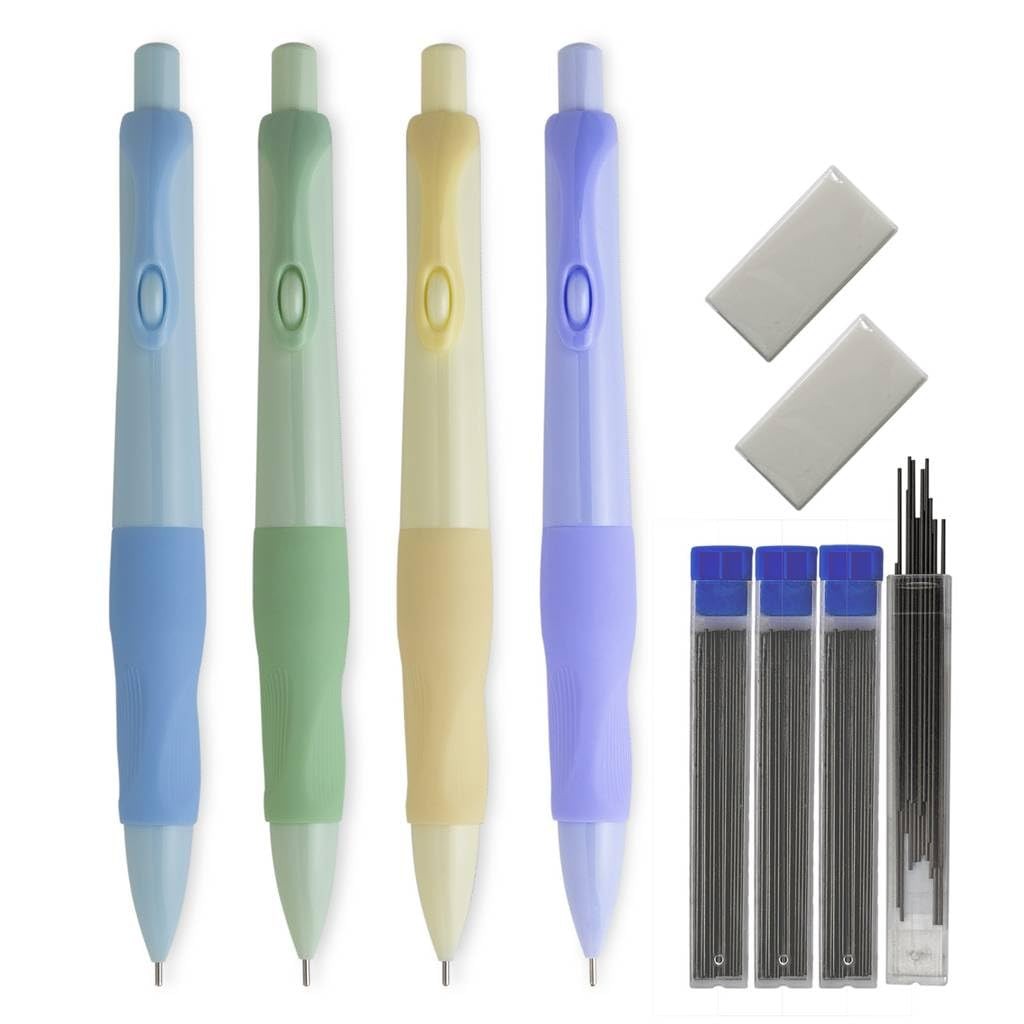 4-PCS Cute 0.7mm Mechanical Pencil Set, 4 Cases Leads, 2 Erasers, Student, Write