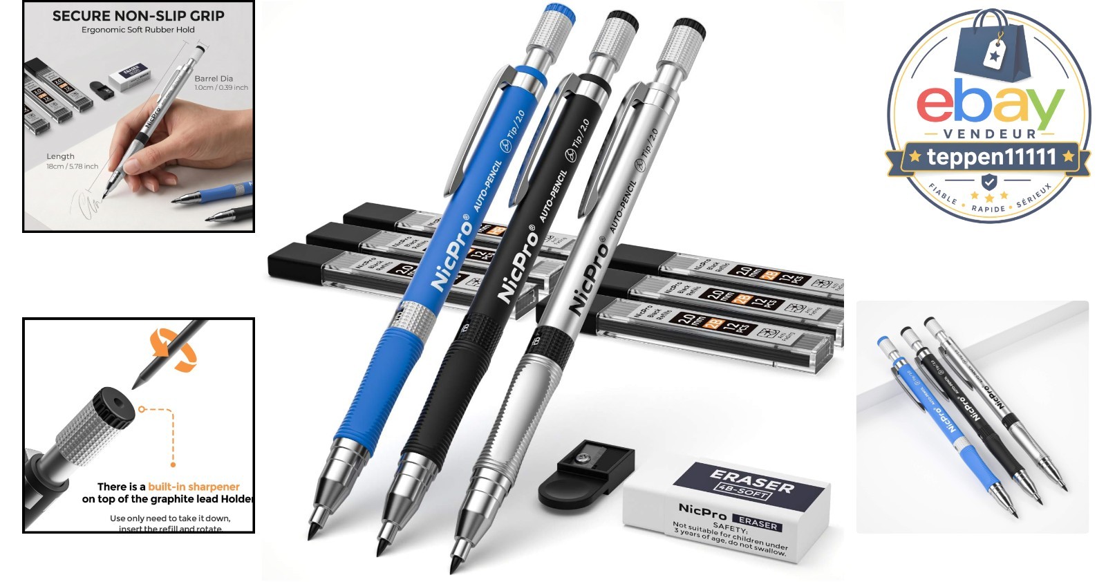 2mm Mechanical Pencil Set 11 Pieces, 3 PCS Drafting Pencils, Refillable