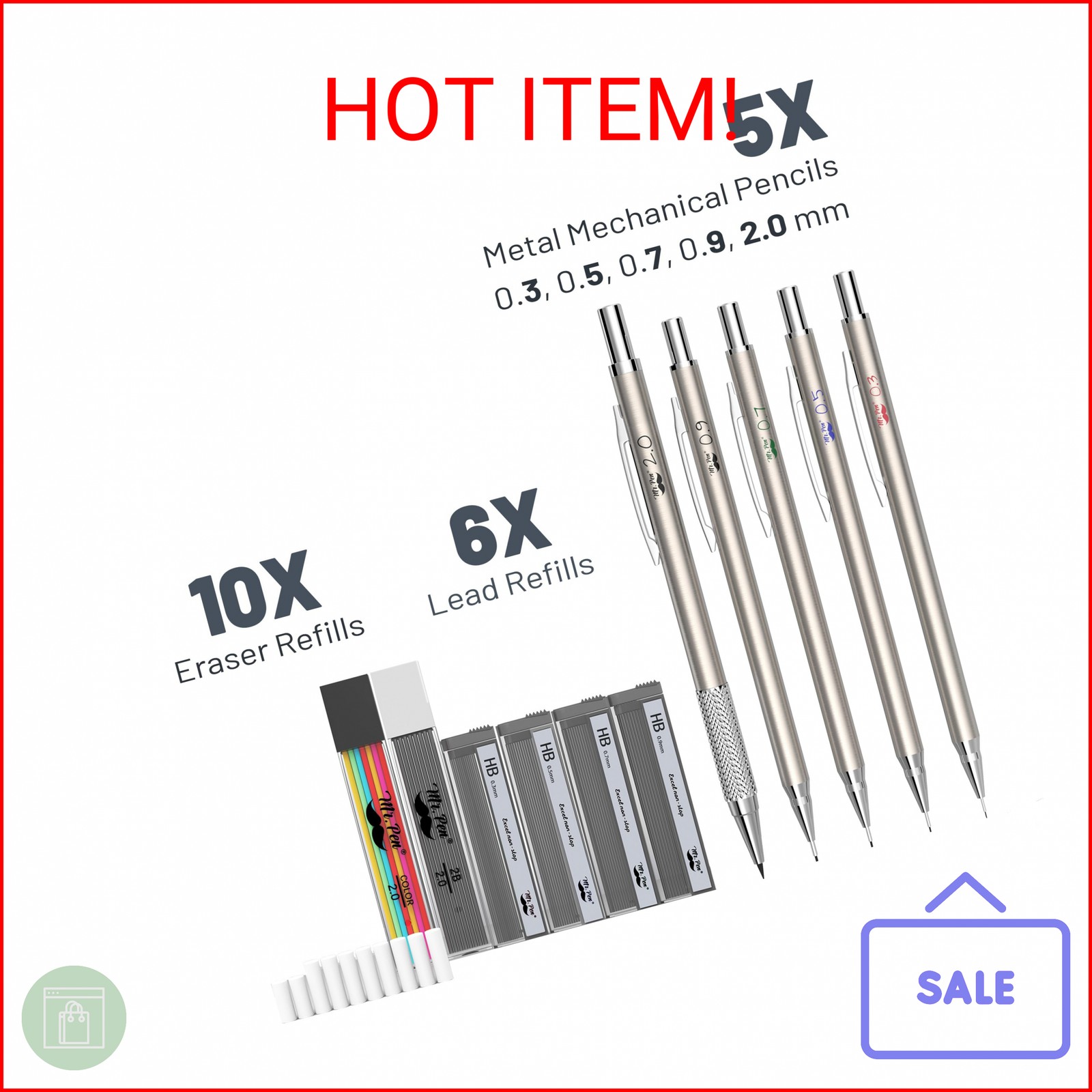 Mr. Pen- Metal Mechanical Pencil Set with Lead and Eraser Refills, 5 Sizes, 0.3,