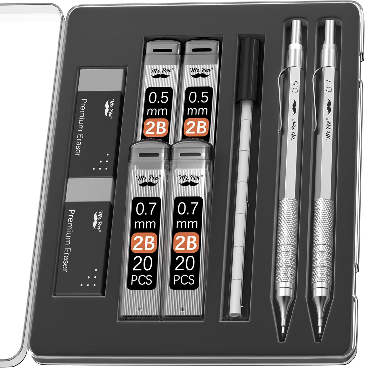 – Metal Mechanical Pencil Set with Lead Refills & Erasers, 2 Pack, 2 Sizes, 0.5