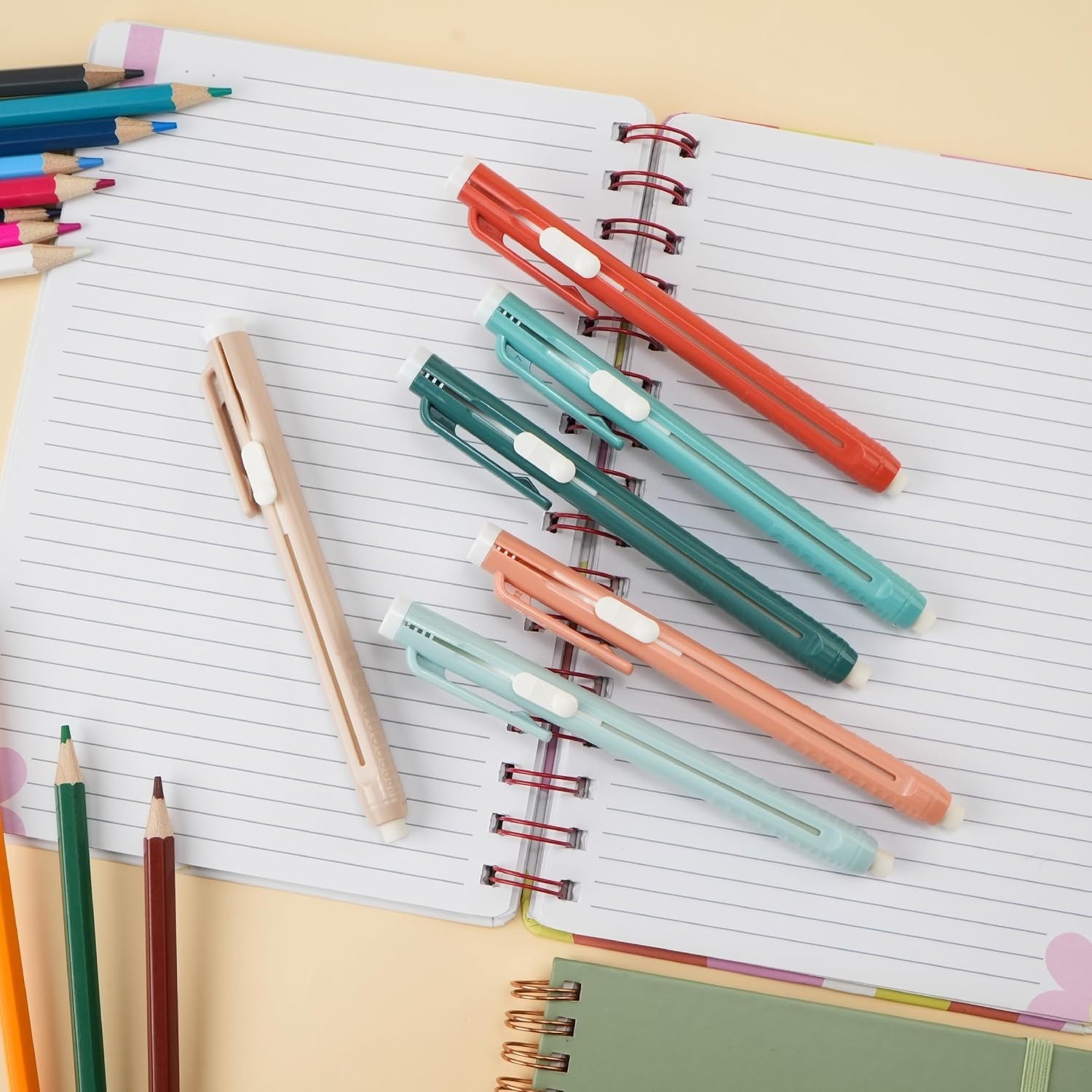 Smooth-Click Retractable Mechanical Erasers – 6 Coral Pens for Clean Corrections