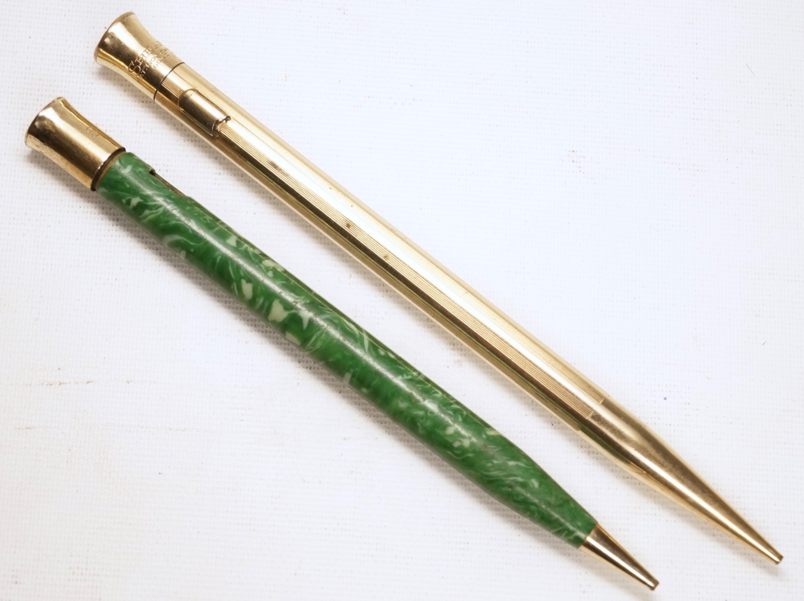 Sheaffer 1920s Crown Top Pencils, Lot of 2, Jade Green, Gold Filled For Parts