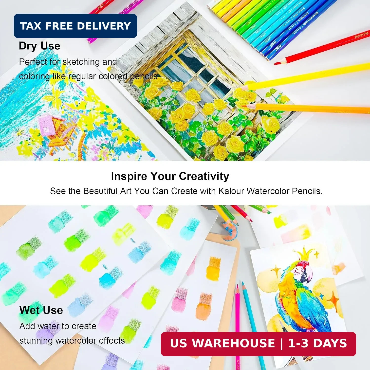 KALOUR Watercolor Pencils,50 Colors, Blendable Wet or Dry, Ideal for Coloring Bo