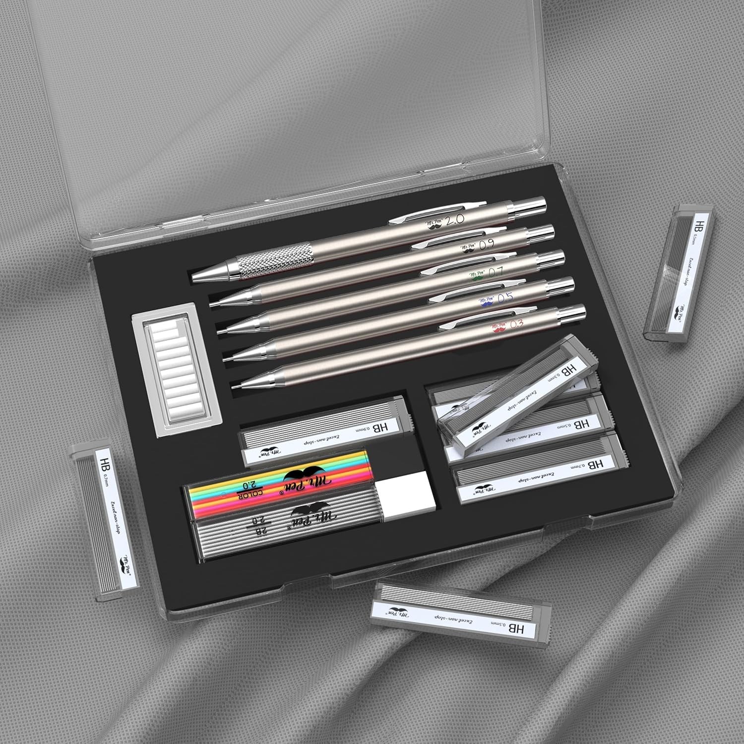 – Metal Mechanical Pencil Set with Lead and Eraser Refills, 5 Sizes