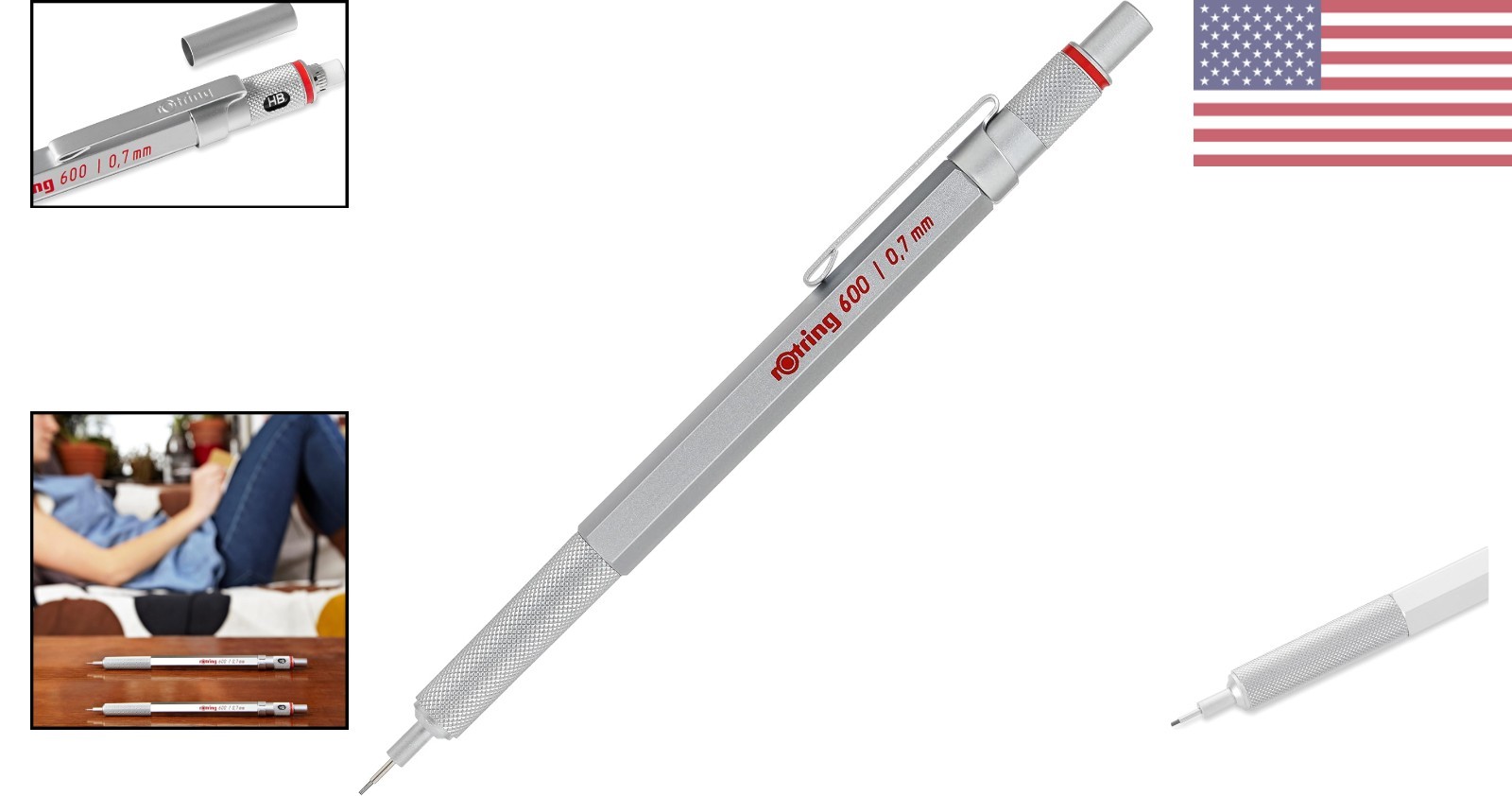 Elegant Silver 600 Mechanical Pencil 0.7mm with Built-in Eraser & Non-slip Grip