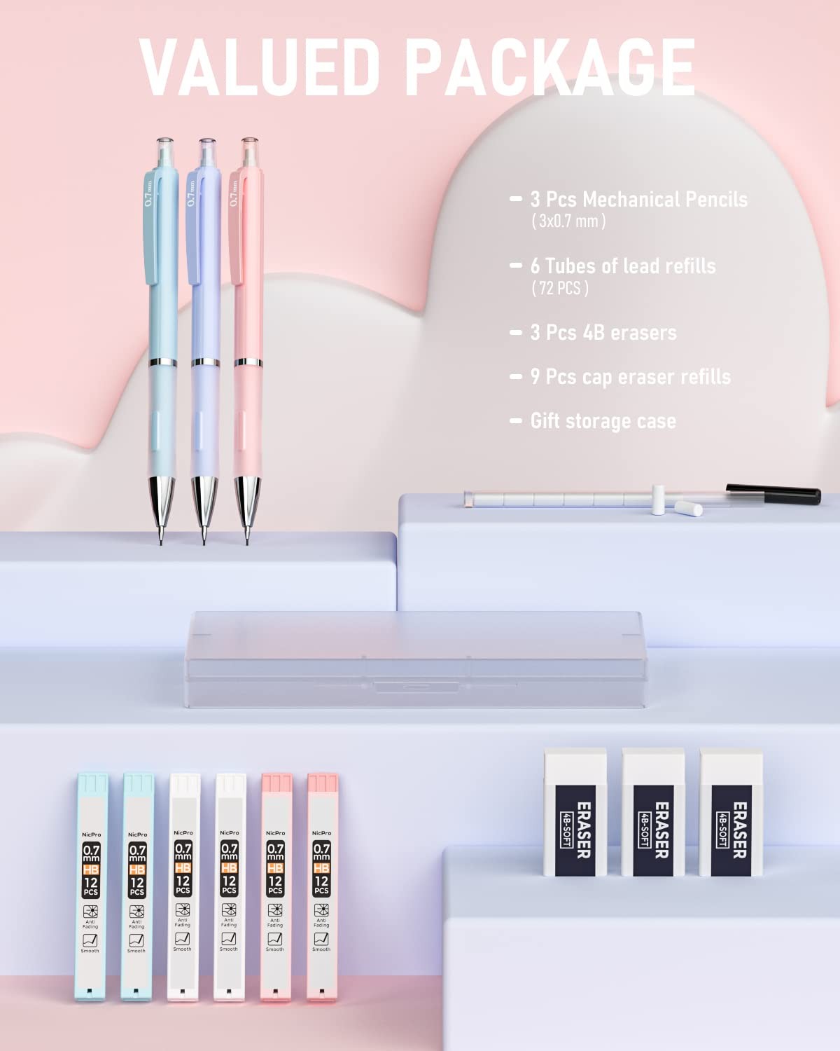 Nicpro 3PCS Cute Mechanical Pencil Set with Case, 0.7 0.7, Blue, Pink, Purple