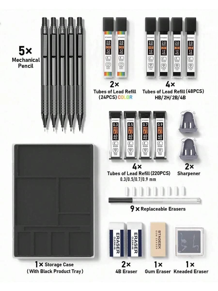 21PCS Metal Mechanical Pencil Art Lead 0.3 0.5 0.7 0.9 2mm Holder HB 2H/ 2B/ 4B