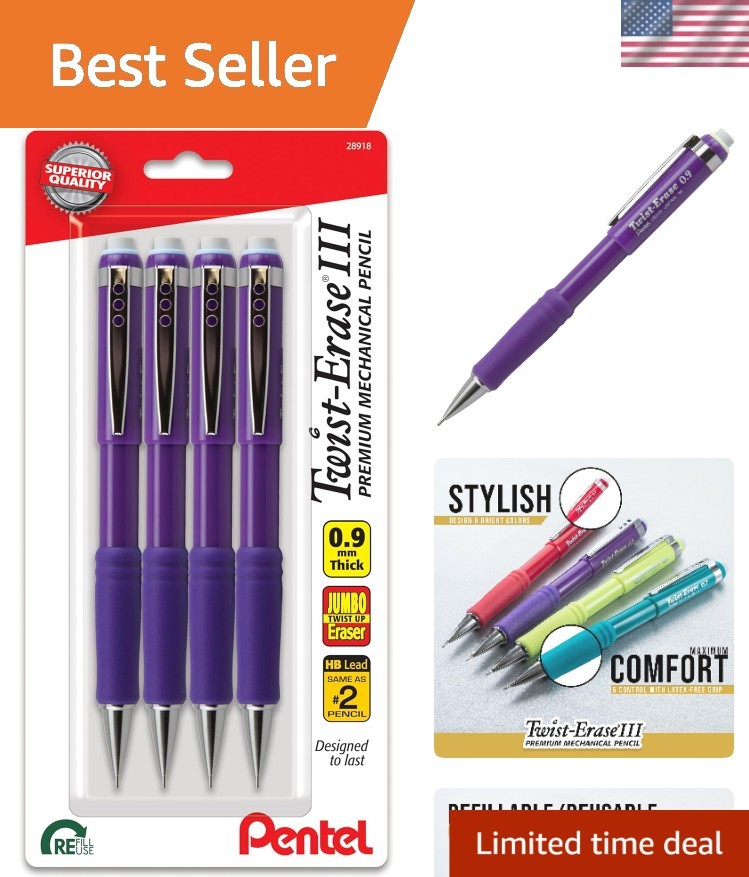 Twist-Erase III 0.9mm Mechanical Pencil, Violet Barrel, Pack of 4 – Bold Writing