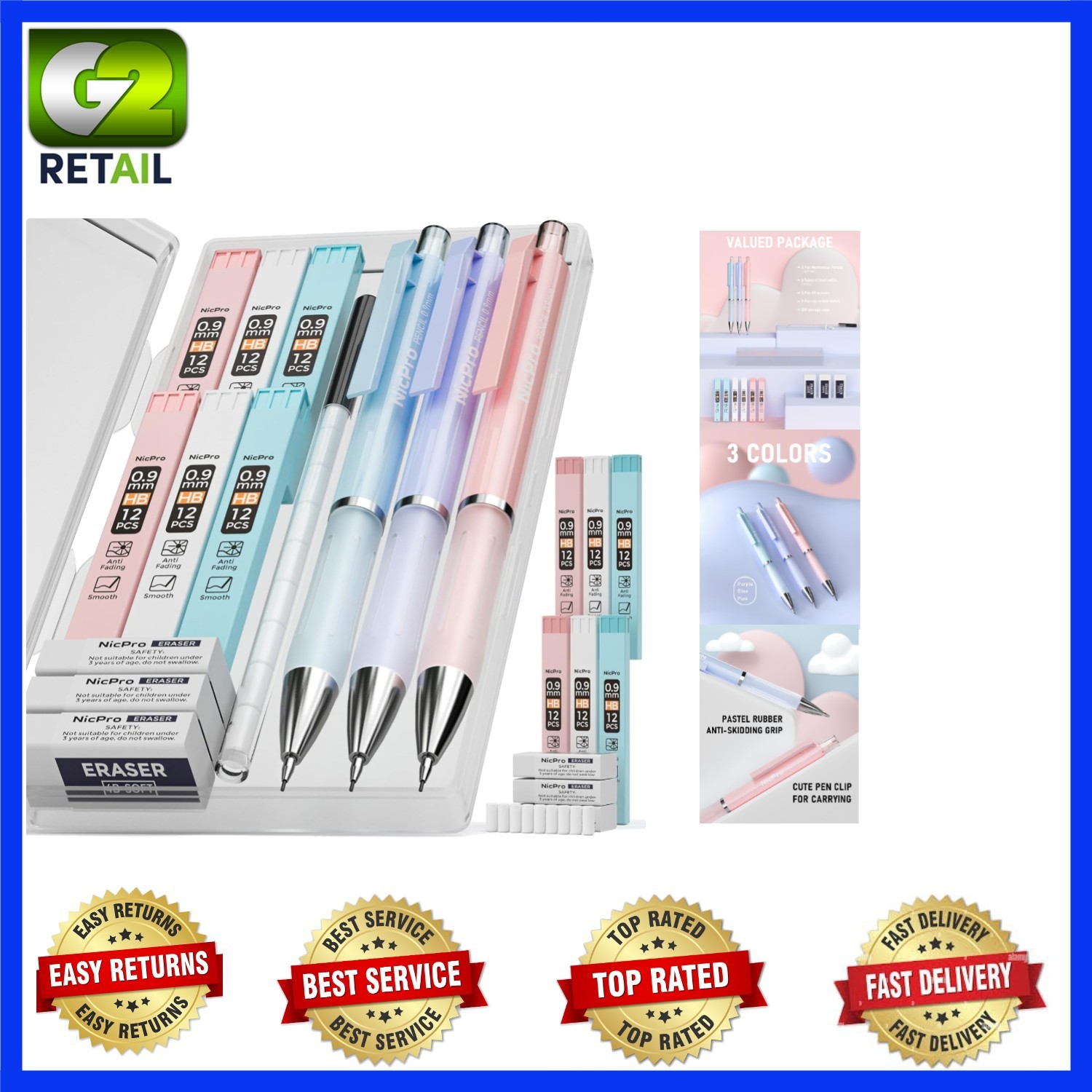 3PCS Pastel Mechanical Pencils Set – Ideal for School & Sketching, 0.9mm