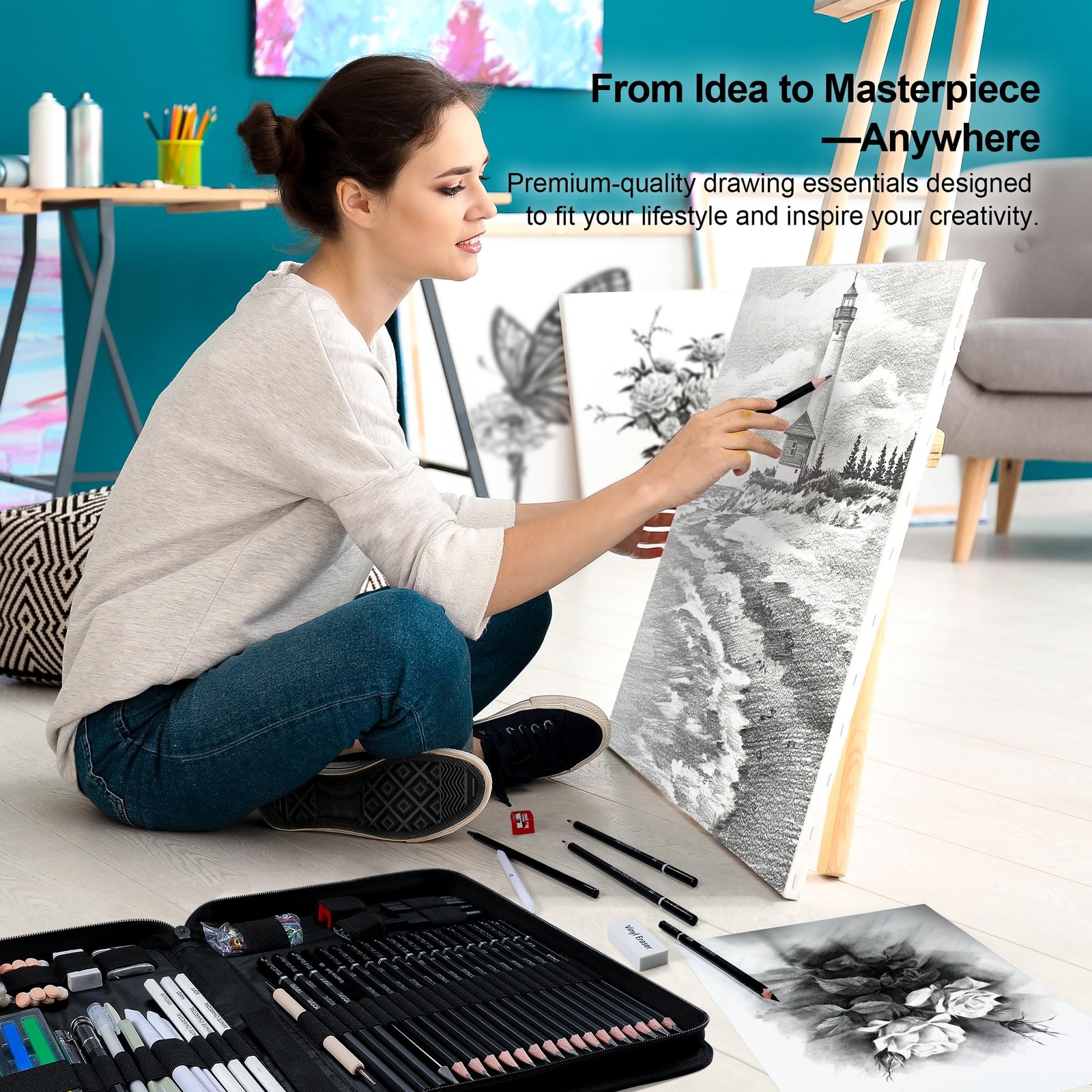 Kird Barken 112 PCS Professional Drawing Set Sketch Kit with Multicolored