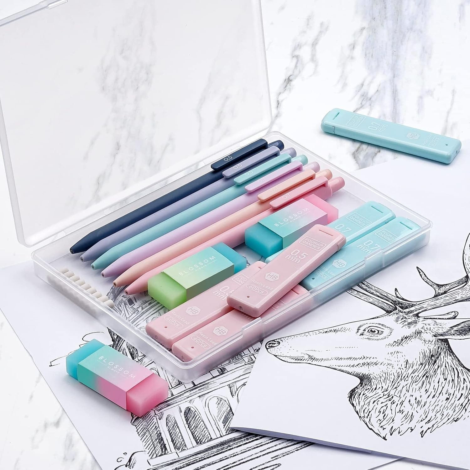 Trendy 6-Pack Pastel Mechanical Pencils: 0.5 & 0.7mm with Erasers & Storage Case